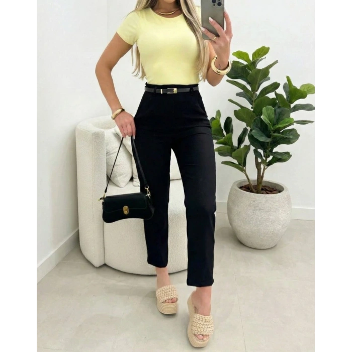 MDB Kadın Yüksek Bel Kemersiz Ithal Krep Pantolon
