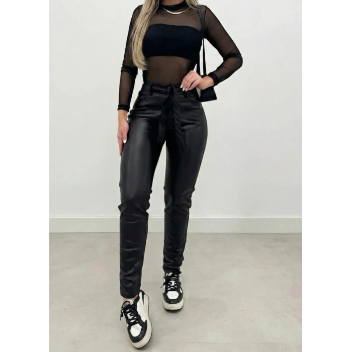 MDB Kadın Yüksek Bel Kuşaklı Deri Pantolon