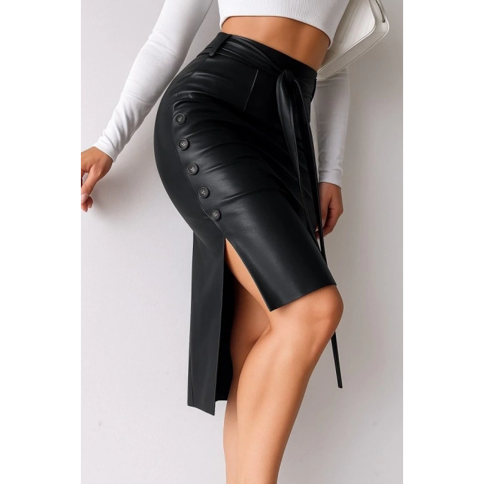 MDB Kadın Yüksek Bel Kuşaklı Yanlardan Düğmeli Mini Deri Etek