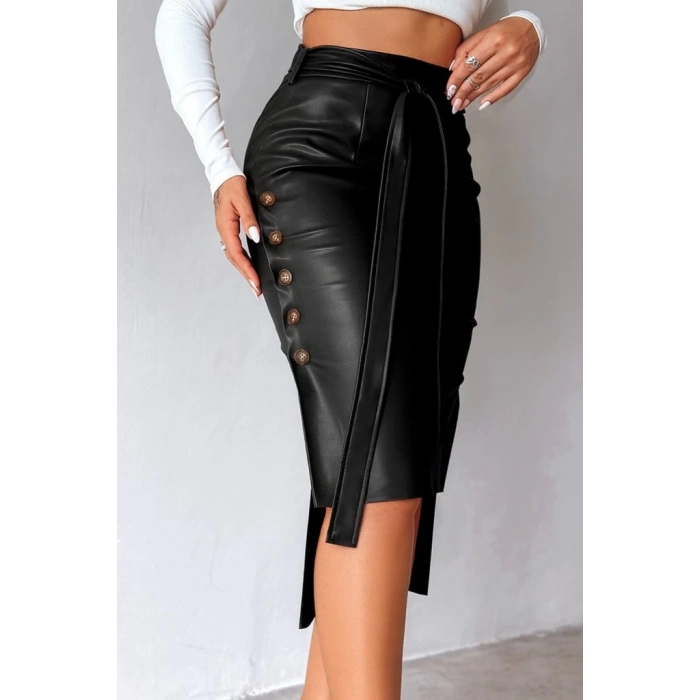 MDB Kadın Yüksek Bel Kuşaklı Yanlardan Düğmeli Mini Deri Etek