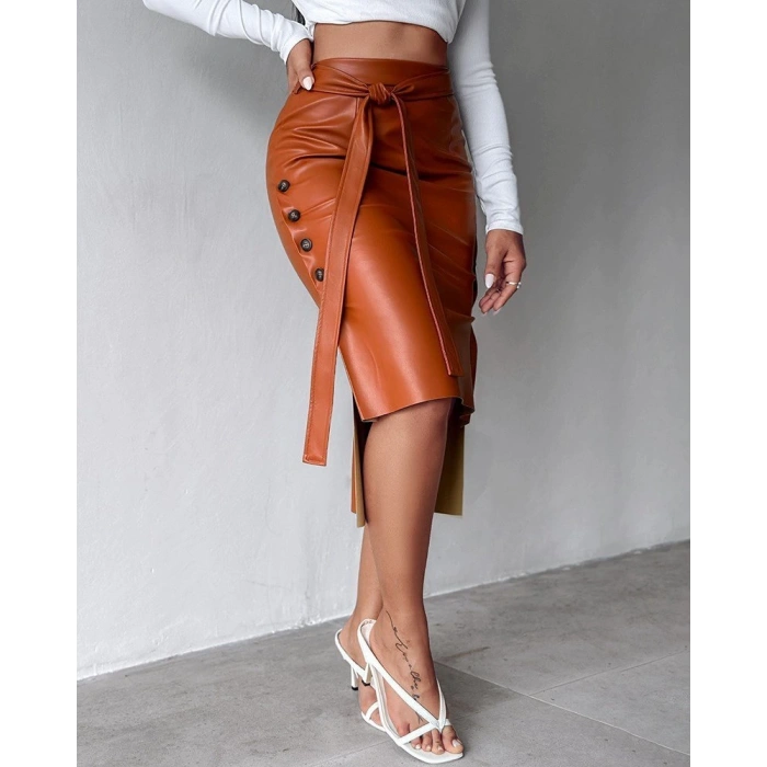 MDB Kadın Yüksek Bel Kuşaklı Yanlardan Düğmeli Mini Deri Etek