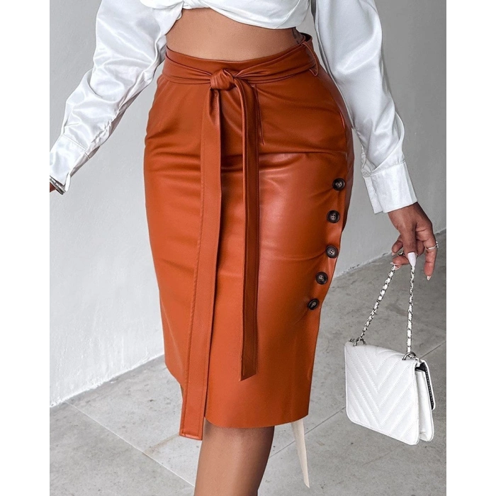 MDB Kadın Yüksek Bel Kuşaklı Yanlardan Düğmeli Mini Deri Etek