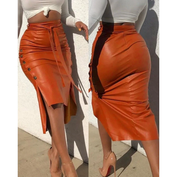 MDB Kadın Yüksek Bel Kuşaklı Yanlardan Düğmeli Mini Deri Etek