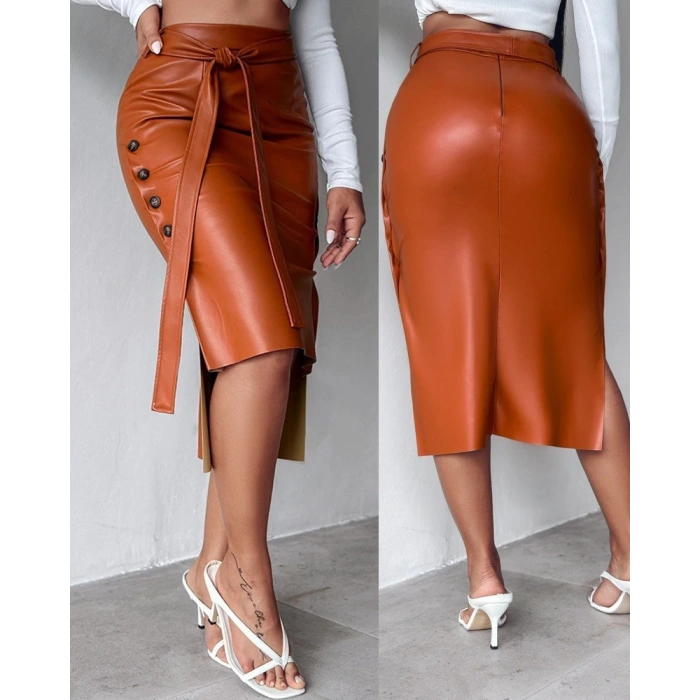 MDB Kadın Yüksek Bel Kuşaklı Yanlardan Düğmeli Mini Deri Etek