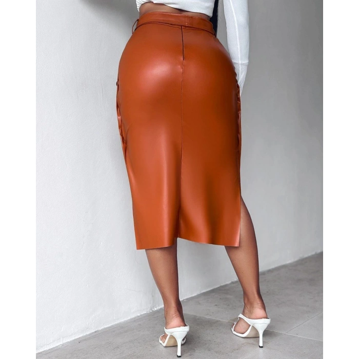 MDB Kadın Yüksek Bel Kuşaklı Yanlardan Düğmeli Mini Deri Etek