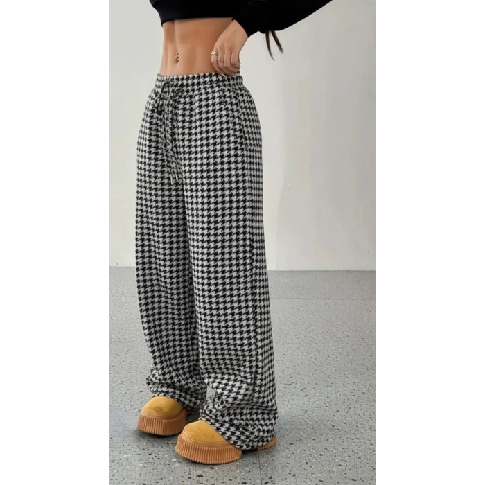 MDB Kadın Yüksek Bel Lastikli Bağcıklı Geniş Kesim Kazayağı Dalgıç Pantolon