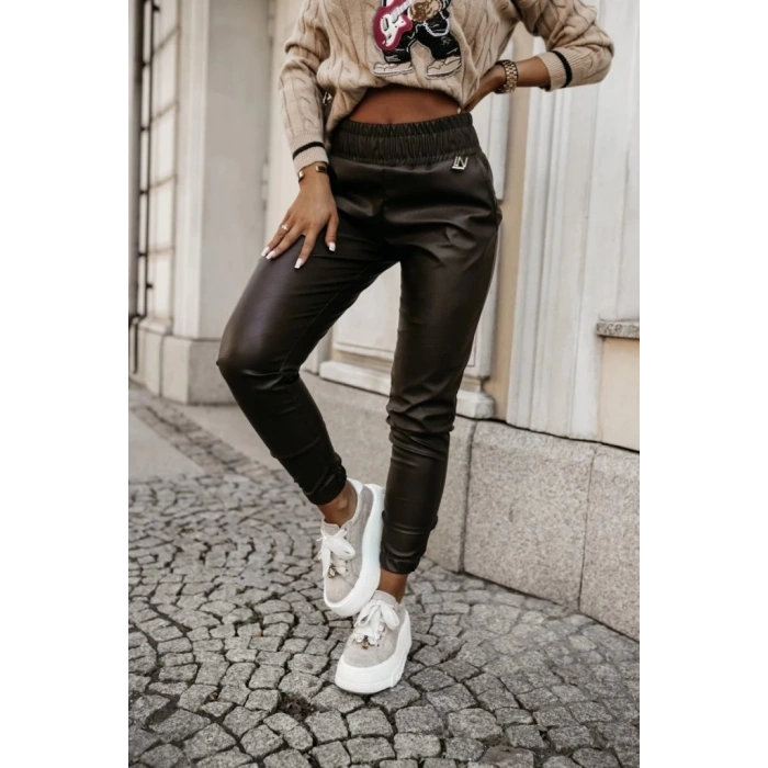 MDB Kadın Yüksek Bel Lastikli Cepli Deri Pantolon