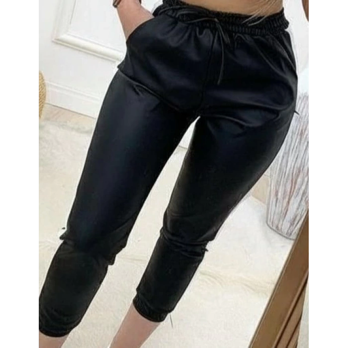 MDB Kadın Yüksek Bel Lastikli Yan şerit Detaylı Deri Pantolon