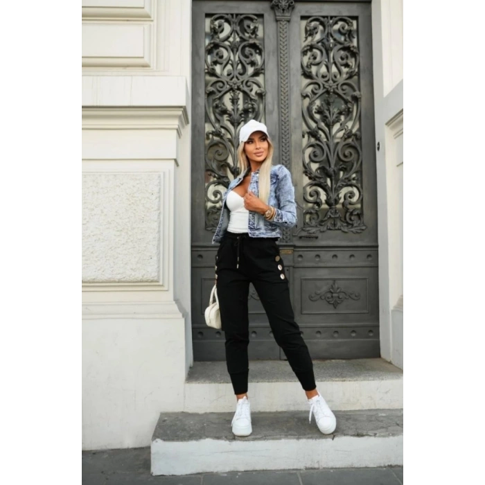 MDB Kadın Yüksek Bel Lastikli Yanlardan Düğmeli Viskon Iki Iplik Pantolon