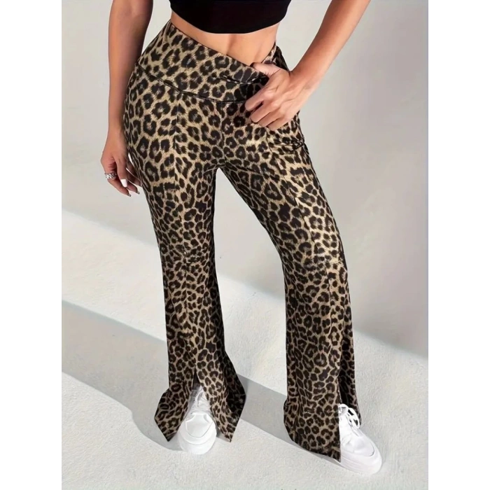 MDB Kadın Yüksek Bel Leopar Desenli Yırtmaçlı Dalgıç Tayt