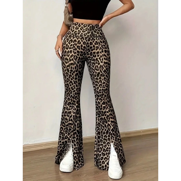 MDB Kadın Yüksek Bel Leopar Desenli Yırtmaçlı Dalgıç Tayt