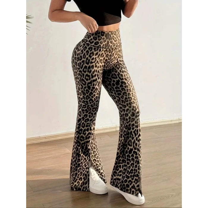 MDB Kadın Yüksek Bel Leopar Desenli Yırtmaçlı Dalgıç Tayt