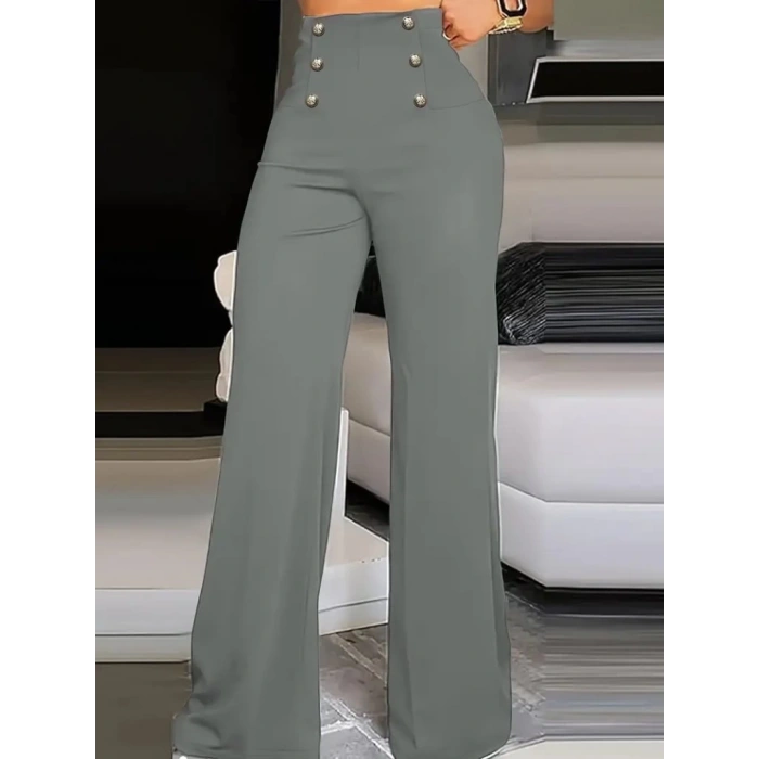MDB Kadın Yüksek Bel önden Düğmeli Uzun Paçaya Doğru Geniş Ithal Krep Pantolon