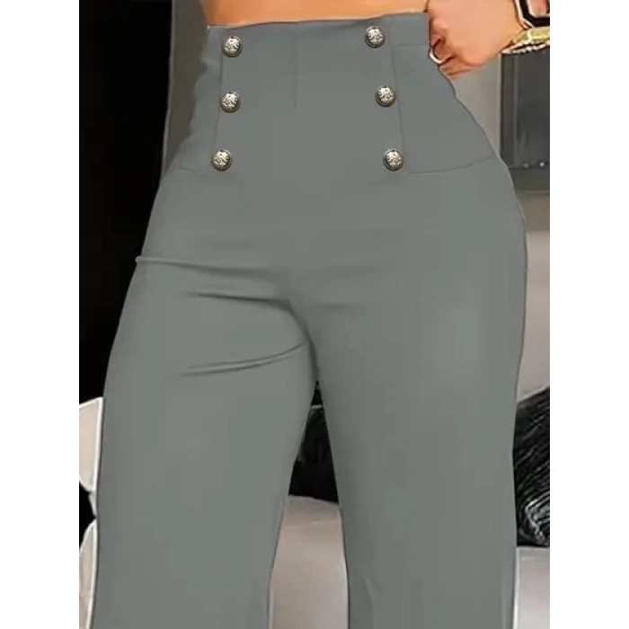 MDB Kadın Yüksek Bel önden Düğmeli Uzun Paçaya Doğru Geniş Ithal Krep Pantolon