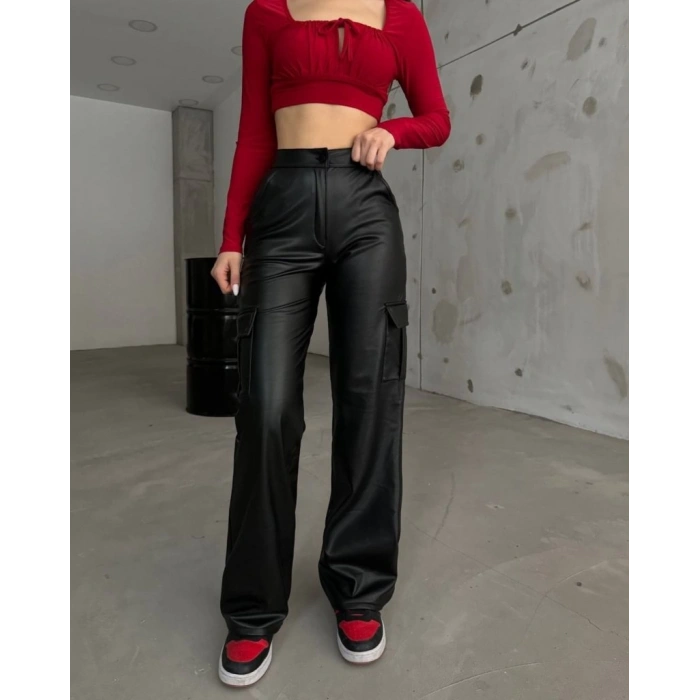 MDB Kadın Yüksek Bel önden Fermuarlı Yandan Cep Detaylı Deri Kargo Pantolon