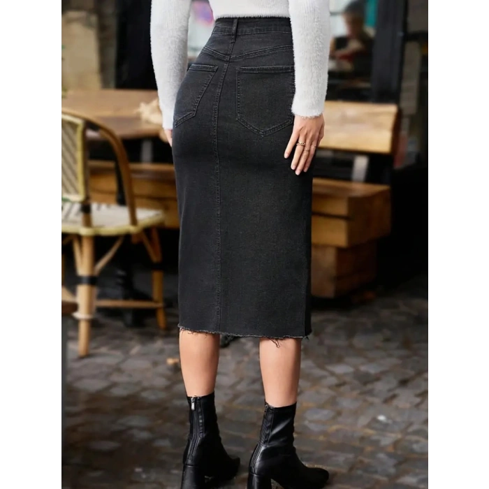 MDB Kadın Yüksek Bel önden Yırtmaçlı Cepli idi Kot Etek