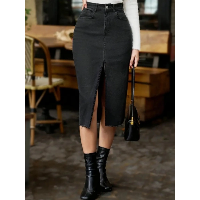 MDB Kadın Yüksek Bel önden Yırtmaçlı Cepli idi Kot Etek