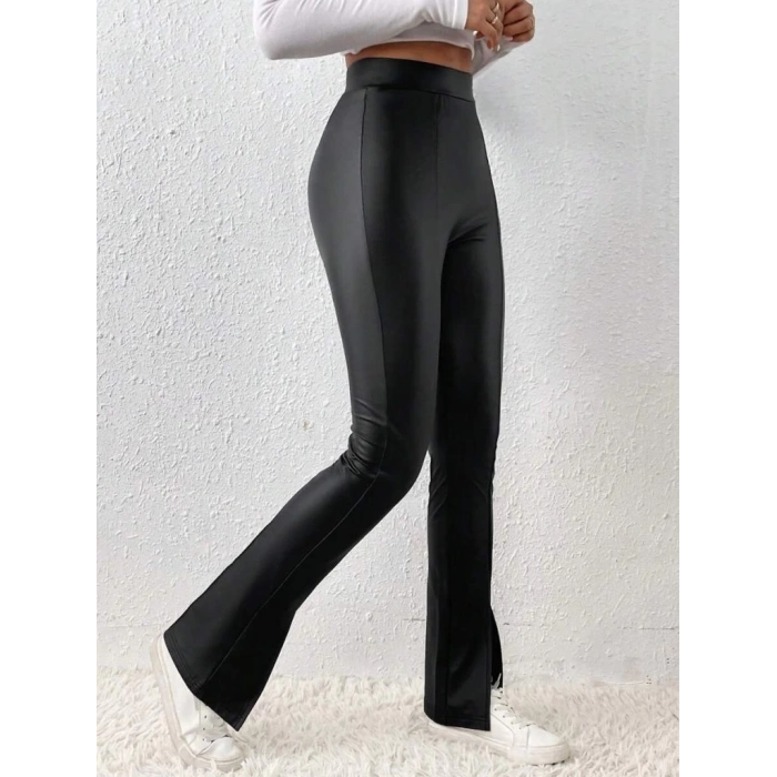 MDB Kadın Yüksek Bel önden Yırtmaçlı Deri Tayt