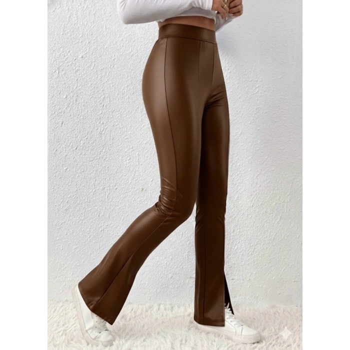 MDB Kadın Yüksek Bel önden Yırtmaçlı Deri Tayt