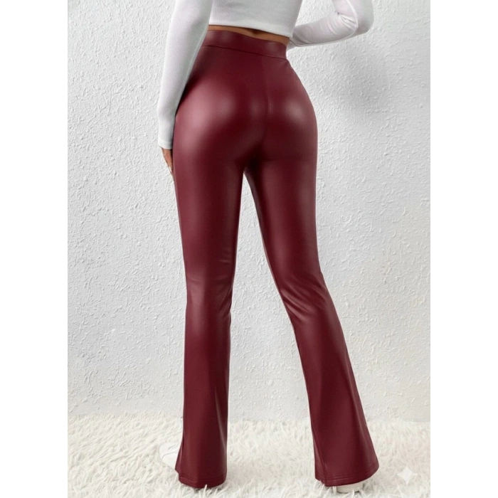 MDB Kadın Yüksek Bel önden Yırtmaçlı Deri Tayt