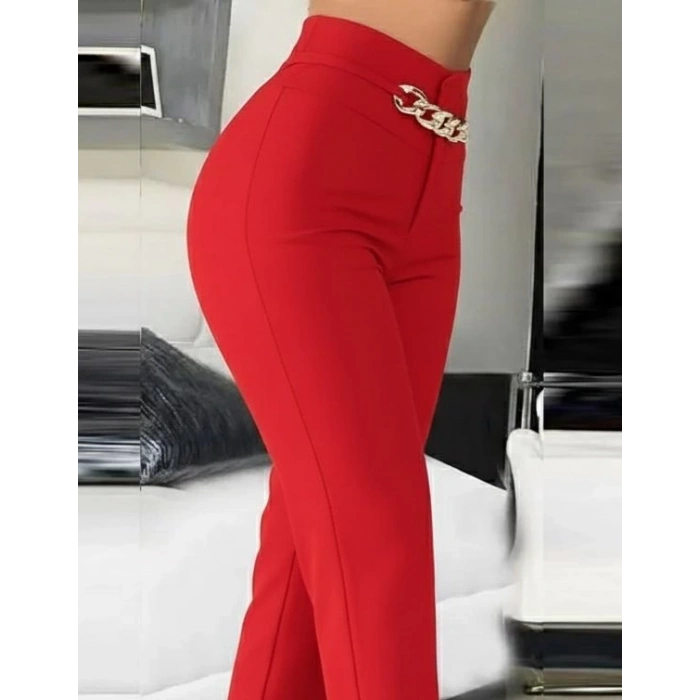 MDB Kadın Yüksek Bel önden Zincir Detaylı Ithal Krep Pantolon