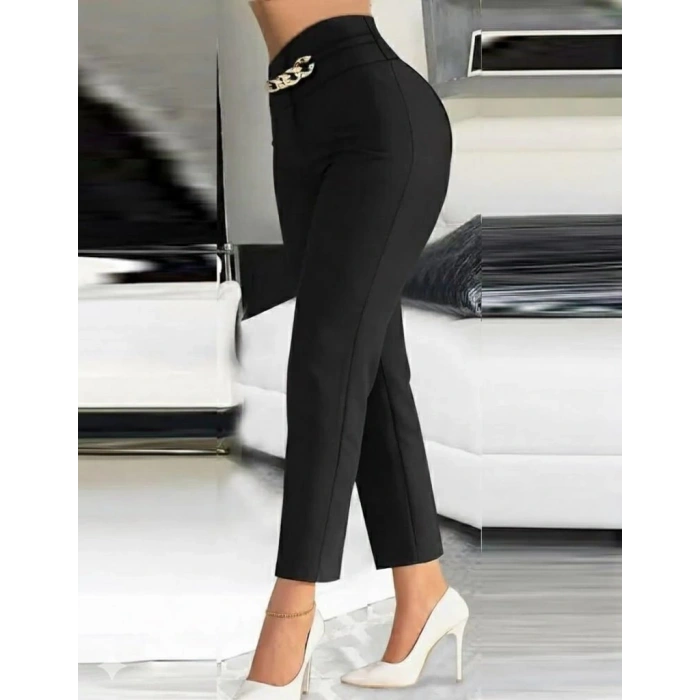 MDB Kadın Yüksek Bel önden Zincir Detaylı Ithal Krep Pantolon