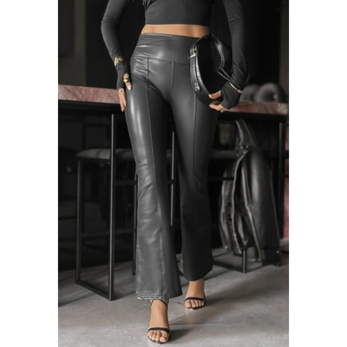 MDB Kadın Yüksek Bel Paçaya Doğru Geniş Deri Pantolon