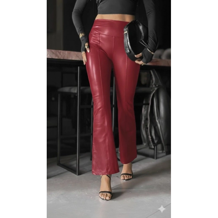 MDB Kadın Yüksek Bel Paçaya Doğru Geniş Deri Pantolon