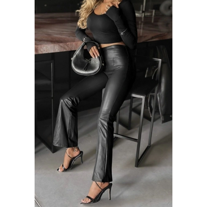 MDB Kadın Yüksek Bel Paçaya Doğru Geniş Deri Pantolon