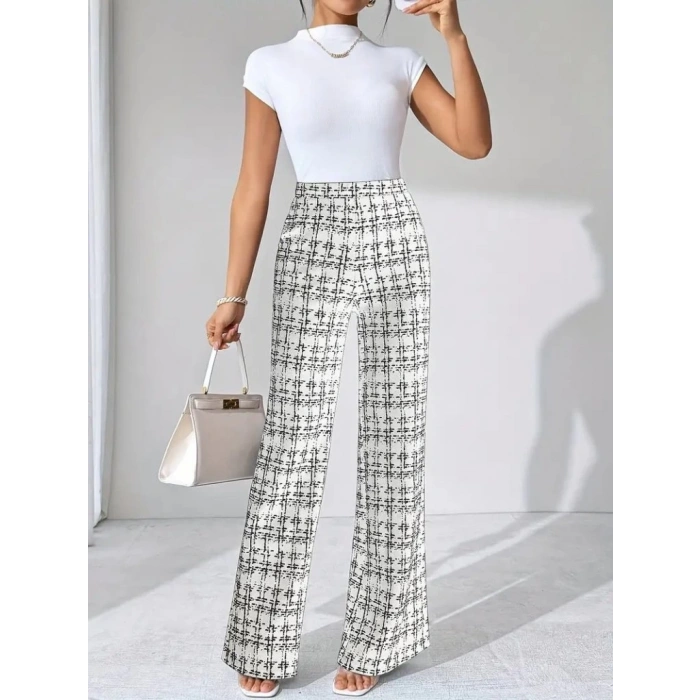 MDB Kadın Yüksek Bel Paçaya Doğru Geniş Dokuma Pantolon