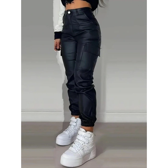 MDB Kadın Yüksek Bel Yan Kargo Cep Detaylı Deri Pantolon