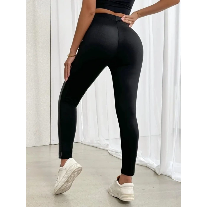 MDB Kadın Yüksek Bel Yan şerit Deri Detay Fermuarlı Dalgıç Tayt