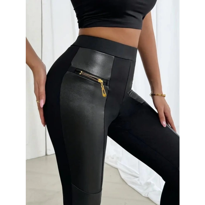 MDB Kadın Yüksek Bel Yan şerit Deri Detay Fermuarlı Dalgıç Tayt
