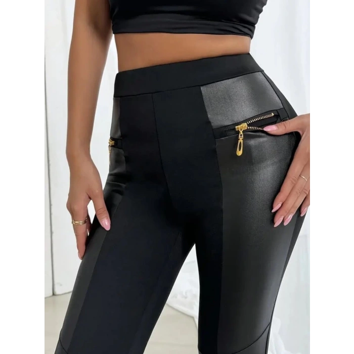 MDB Kadın Yüksek Bel Yan şerit Deri Detay Fermuarlı Dalgıç Tayt