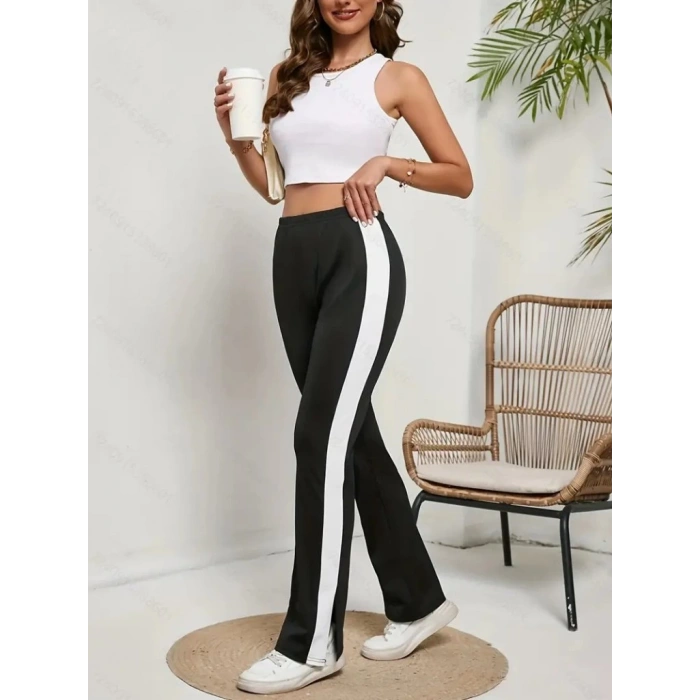 MDB Kadın Yüksek Bel Yan şerit Detaylı Yırtmaçlı Viskon Iki Iplik Pantolon