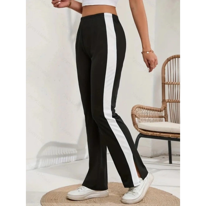 MDB Kadın Yüksek Bel Yan şerit Detaylı Yırtmaçlı Viskon Iki Iplik Pantolon