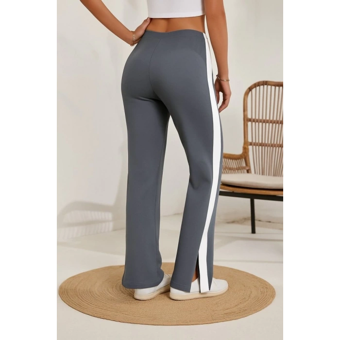 MDB Kadın Yüksek Bel Yan şerit Detaylı Yırtmaçlı Viskon Iki Iplik Pantolon