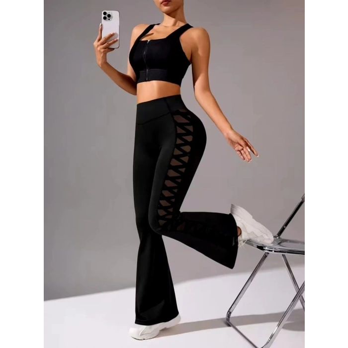 MDB Kadın Yüksek Bel Yanları çapraz Tül Detaylı Dalgıç Tayt