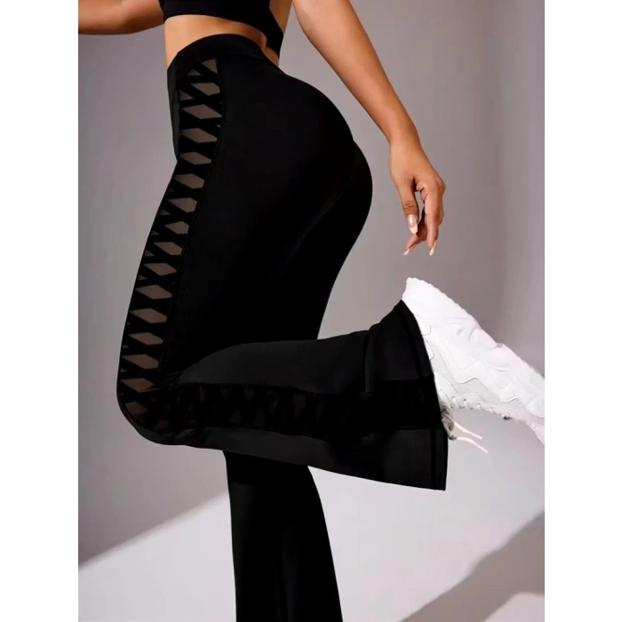 MDB Kadın Yüksek Bel Yanları çapraz Tül Detaylı Dalgıç Tayt