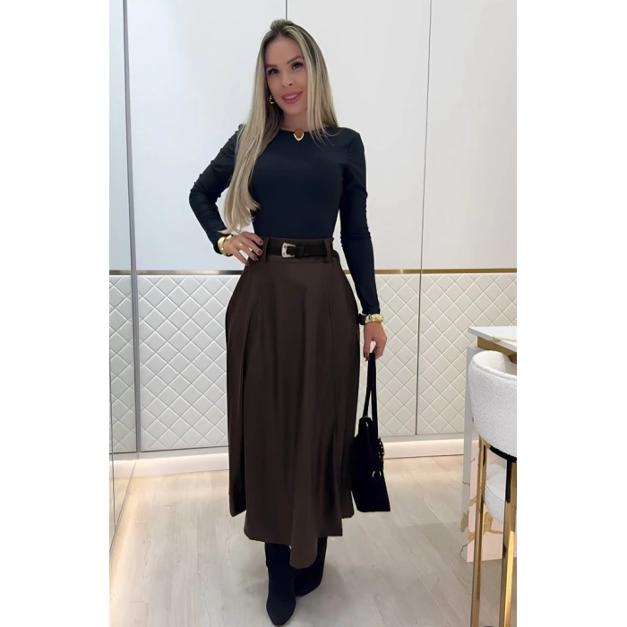 MDB Kadın Yüksek Belli Maxi Deri Kemersiz Etek