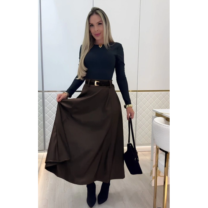 MDB Kadın Yüksek Belli Maxi Deri Kemersiz Etek