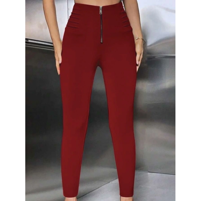 MDB Kadın Yüksek Belli önden Fermuar Ve Nervur Detaylı Dalgıç Tayt