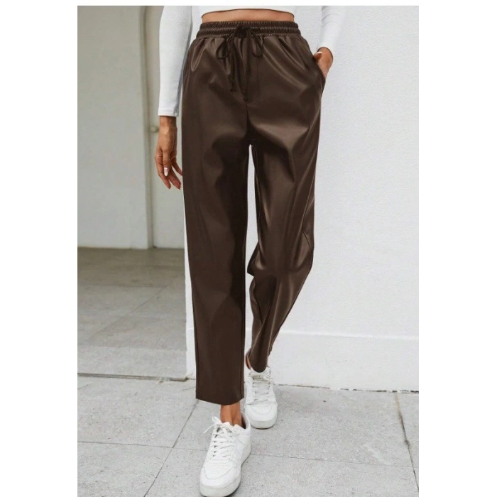 MDB Kadın Yüksel Bel Bağcıklı Deri Pantolon