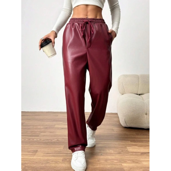 MDB Kadın Yüksel Bel Bağcıklı Deri Pantolon