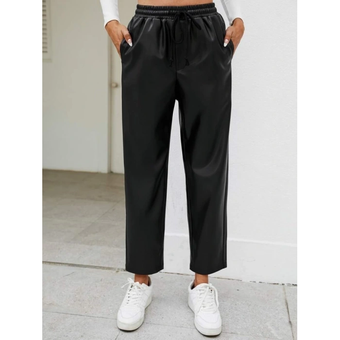 MDB Kadın Yüksel Bel Bağcıklı Deri Pantolon