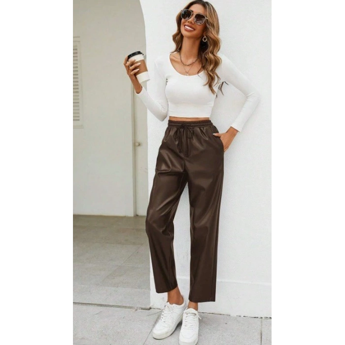 MDB Kadın Yüksel Bel Bağcıklı Deri Pantolon