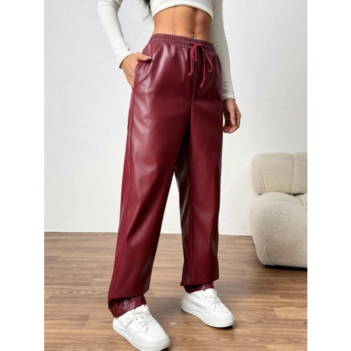 MDB Kadın Yüksel Bel Bağcıklı Deri Pantolon