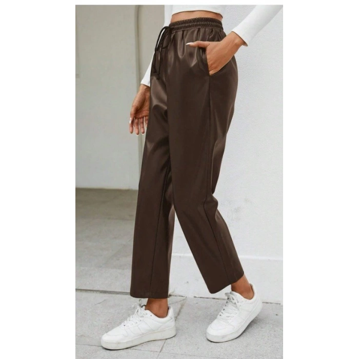 MDB Kadın Yüksel Bel Bağcıklı Deri Pantolon