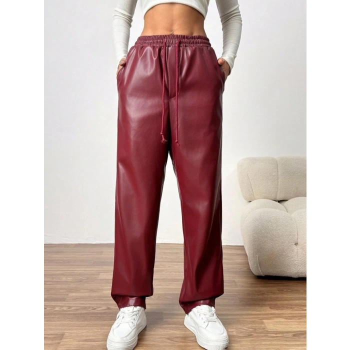 MDB Kadın Yüksel Bel Bağcıklı Deri Pantolon