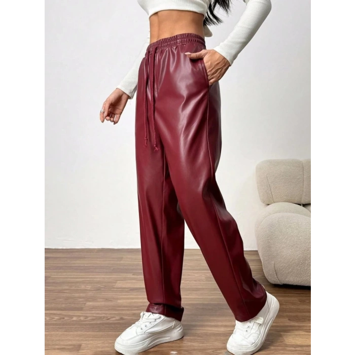 MDB Kadın Yüksel Bel Bağcıklı Deri Pantolon